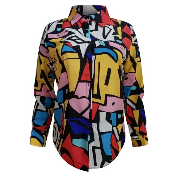 Women Long Sleeve Polyester Irregular Printed Single Lapel Shirt size large - Picture 2 of 4